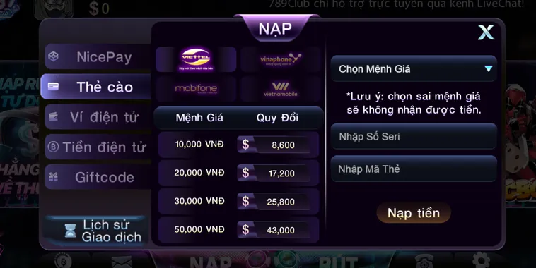 Nạp tiền qua thẻ cào an toàn tiện lợi được tin dùng tại 789Club.